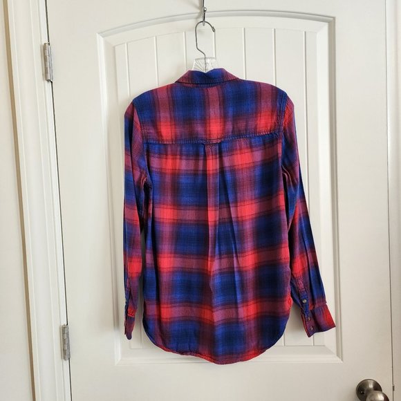 American Eagle Vintage Boyfriend Plaid Top PS Button Shirt Blue Red Flannel - Picture 9 of 16
